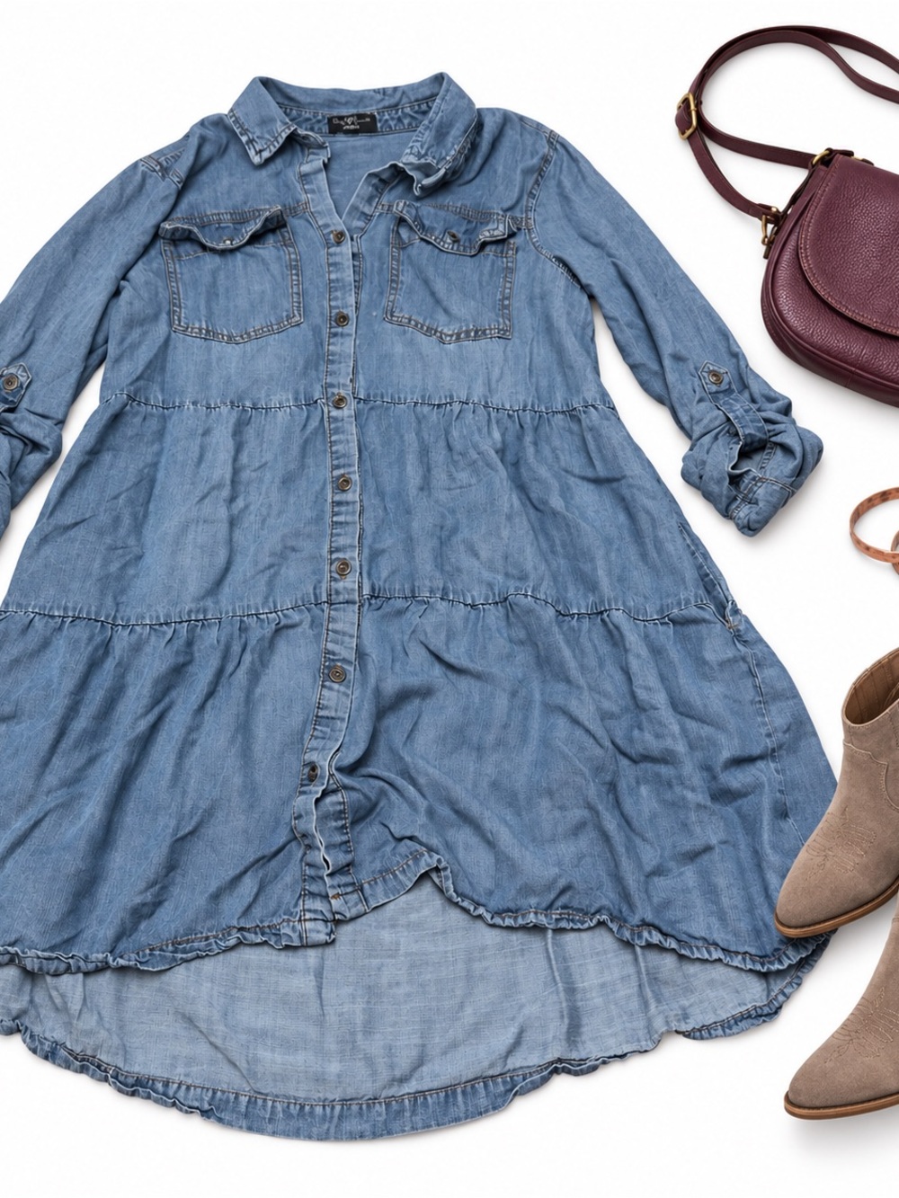 Velvet Heart Chambray Shirt Dress Medium Blue Tiered High Low Roll Tab Sleeves